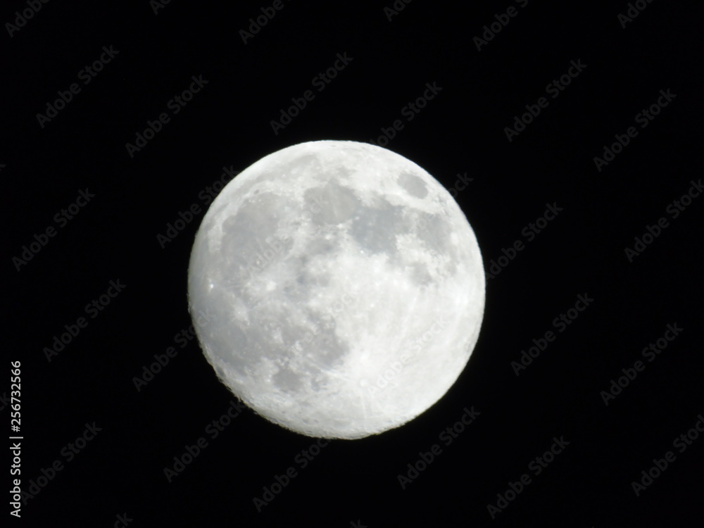 Obraz premium Genova, Italy - 03/20/2019: An amazing photography of the full moon over the city of Genova by night with a great clear sky in background and some stars