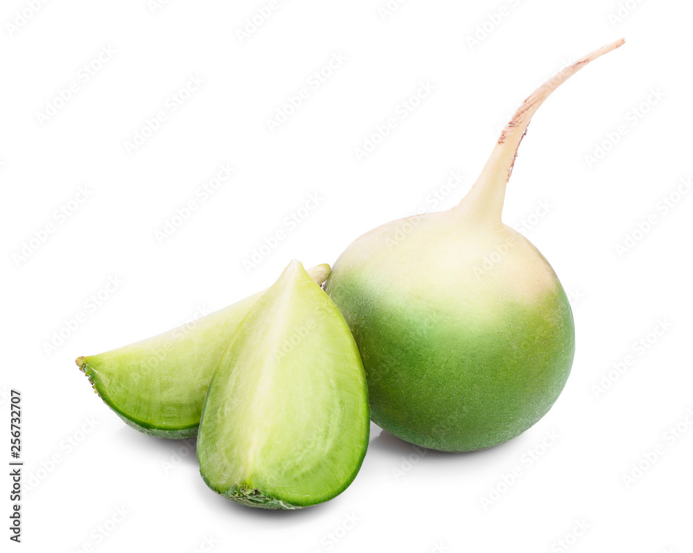 green radish with slices isolated on white background green radish with slices isolated on white background