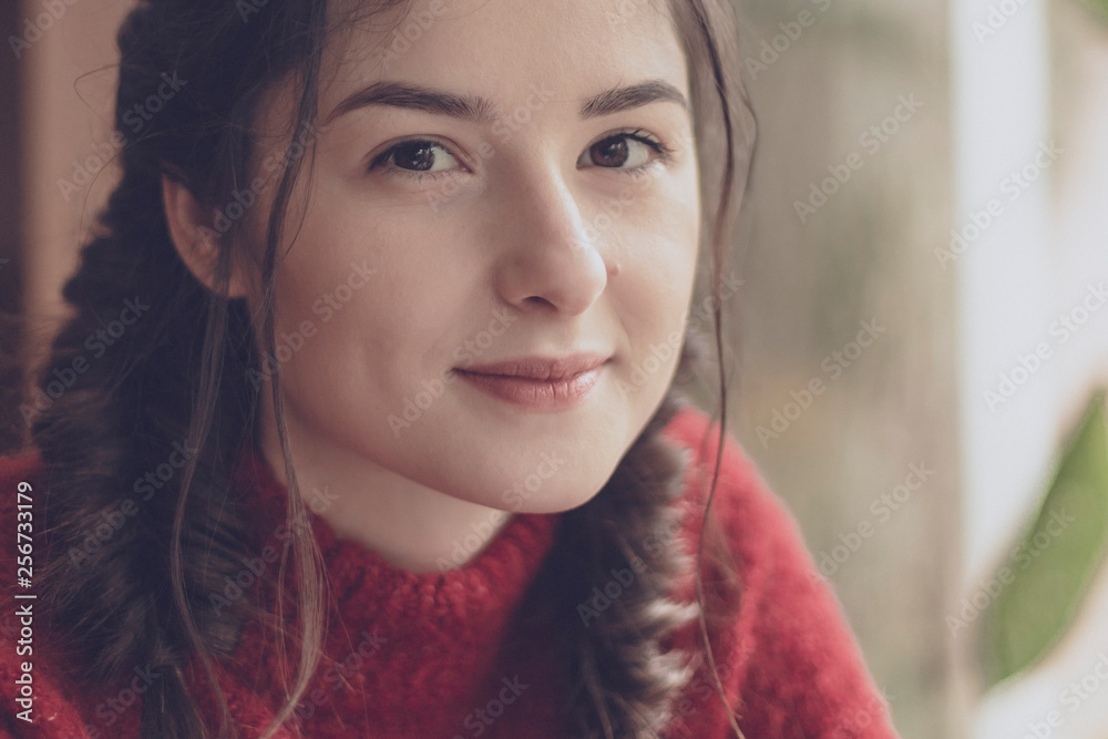 Cafe city lifestyle woman portrait, sitting indoor in trendy urban vintage cafe. Pretty young modern mixed race Asian Caucasian female model Cafe city lifestyle woman portrait, sitting indoor in trendy urban vintage cafe. Pretty young modern mixed race Asian Caucasian female model