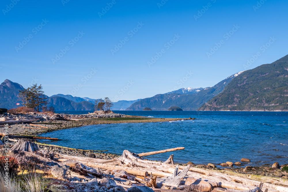 View over Burrard Inlet, ocean and island  mountains in beautiful British Columbia. Canada.