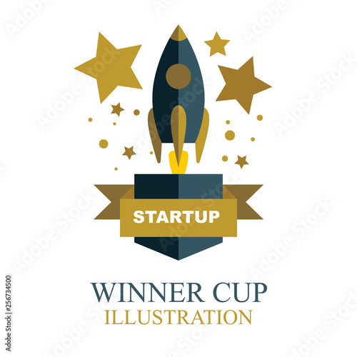Winner cup. Start up gold winner cup illustration with rocket, stars and ribbon. Trophy cup flat icon.
