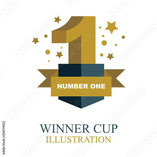 Winner cup. Number one gold winner cup illustration with ribbon. Trophy cup flat icon.