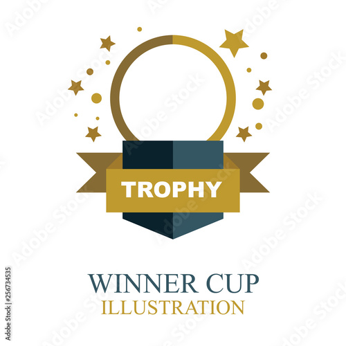 Winner cup. Gold winner cup illustration with ribbon. Trophy cup flat icon.