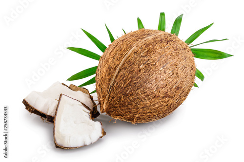 coconut with leaves isolated on white background