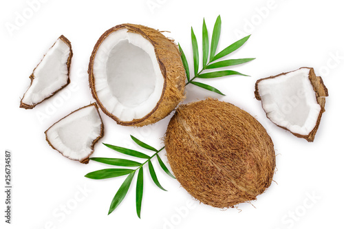 coconut with leaves isolated on white background. Top view. Flat lay