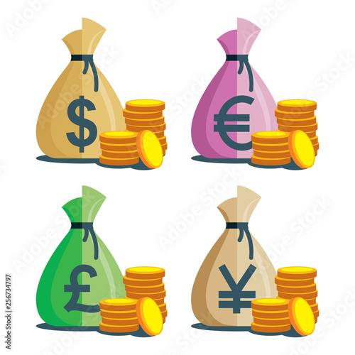 Money. Money bag and golden coins illustrations set. Coin stacks, money bags with dollar, euro, pound and yen signs.