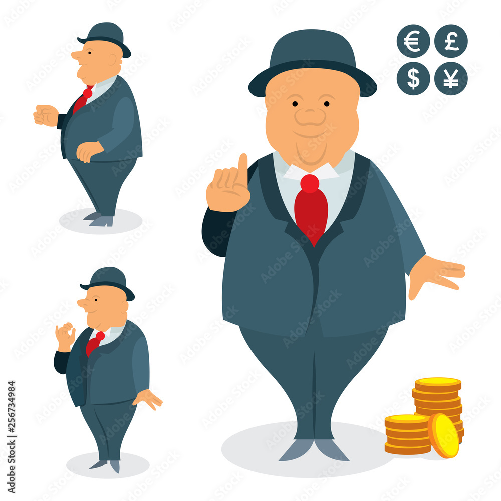 Old business man in different poses. Aged man in suit and hat. 