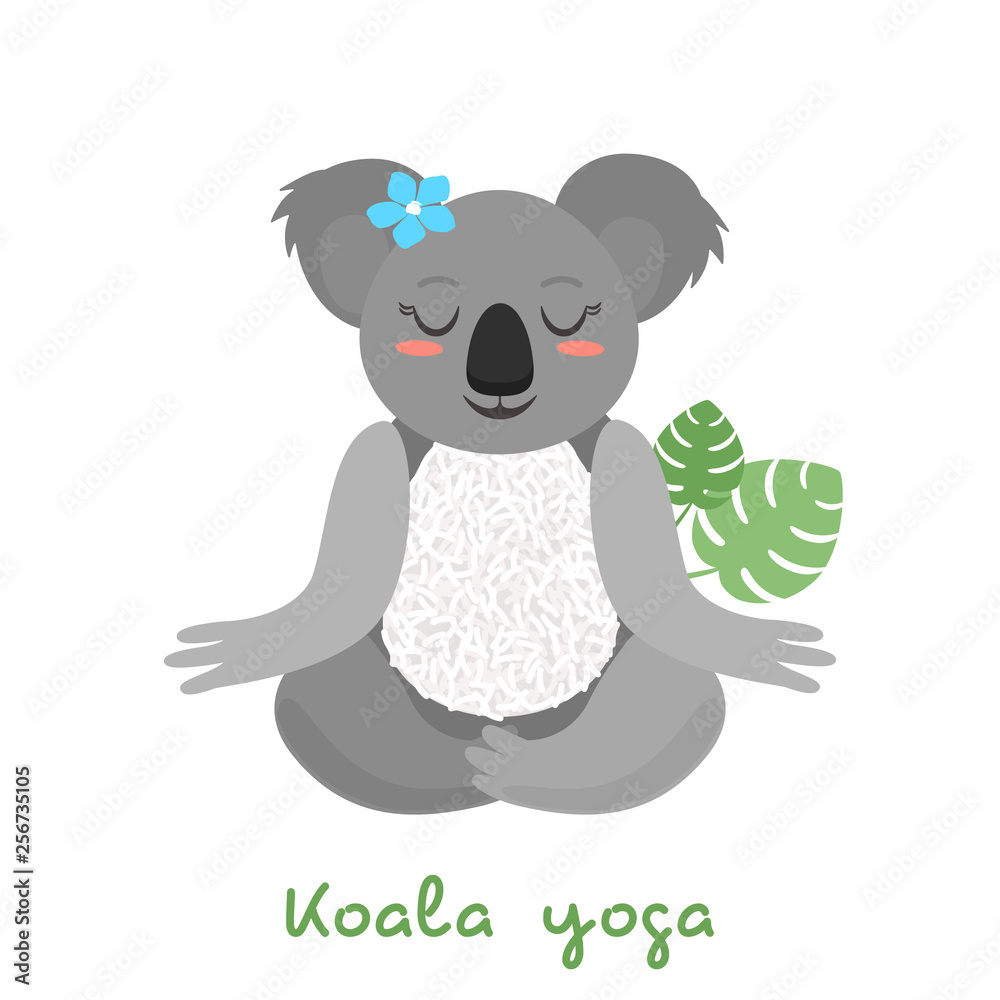 Funny koala does yoga, meditates and sits in the lotus position. flat vector illustration isolated Funny koala does yoga, meditates and sits in the lotus position. flat vector illustration isolated