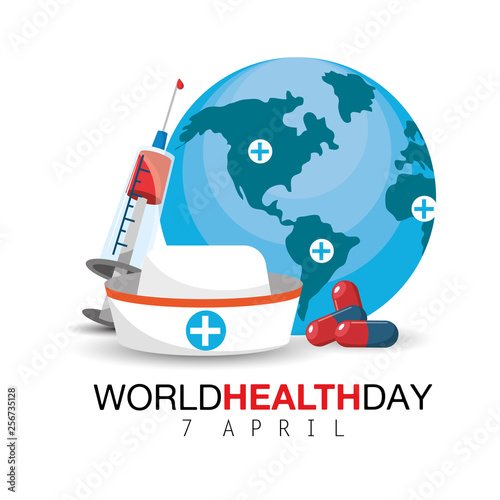 nurse hat and syringe to world health day