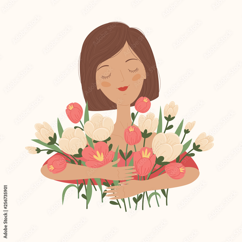 Portrait of the young white girl with big bouquet of flowers Portrait of the young white girl with big bouquet of flowers