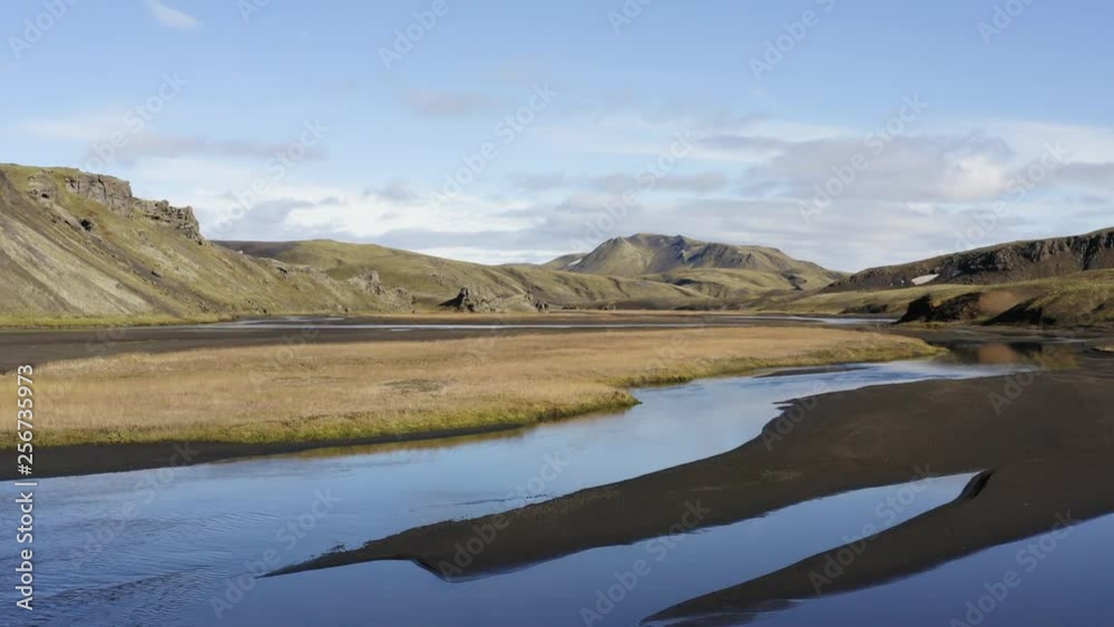 Aerial drone shot flying low over a river in Highlands of Iceland Aerial drone shot flying low over a river in Highlands of Iceland