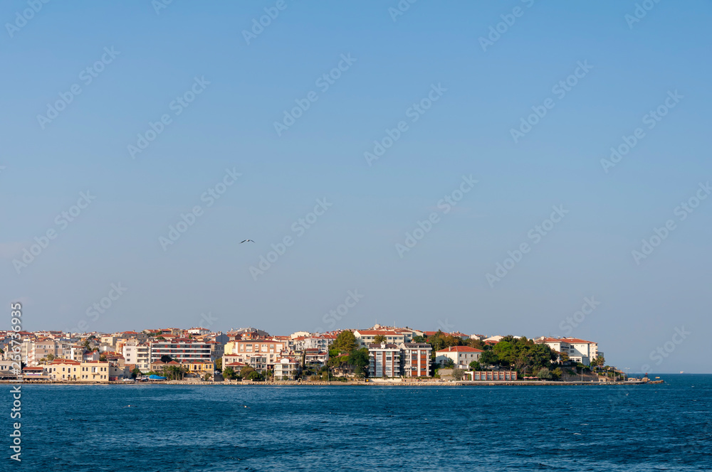 Gallipoli peninsula, view of houses and coast with sea view, blue sky on top