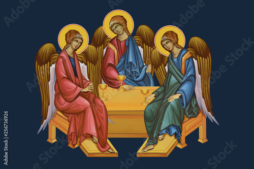Holy Trinity. Trinitarian. Father, Son, Holy Ghost. Illustration - fresco in Byzantine style. photo