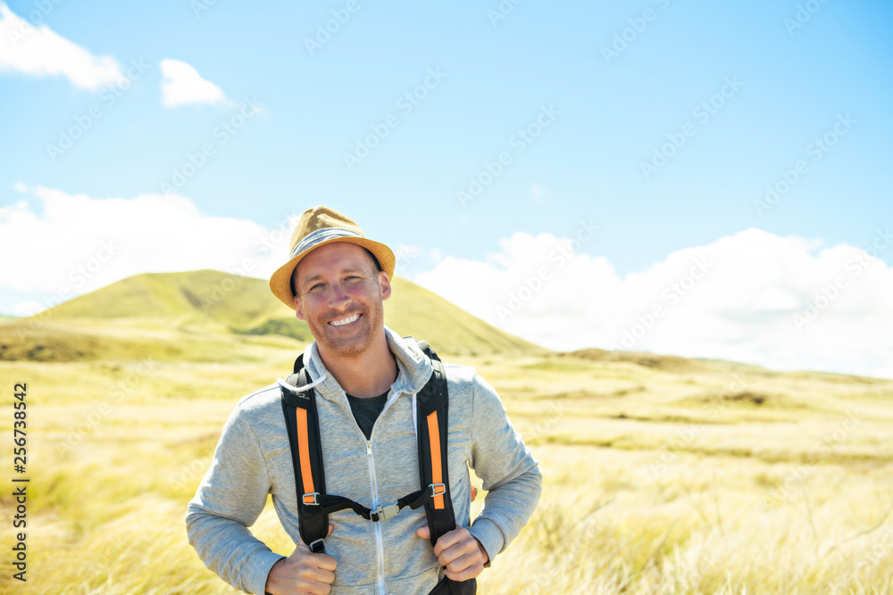 The Successful man mountain hiker with backpack traveler caucasian The Successful man mountain hiker with backpack traveler caucasian