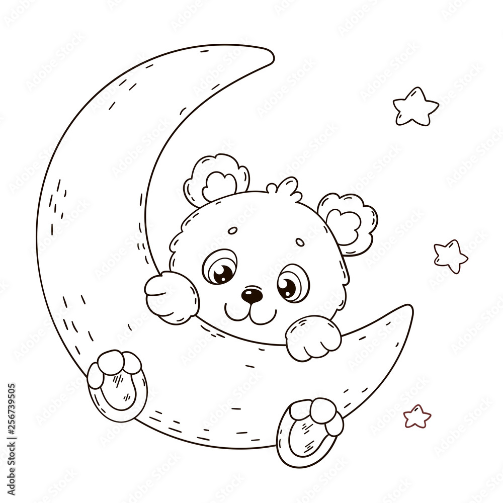 Cute teddy bear on moon. Coloring book page – Stock Vektorgrafik ...