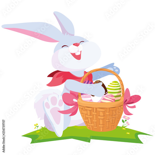 cute rabbit easter with eggs painted in basket