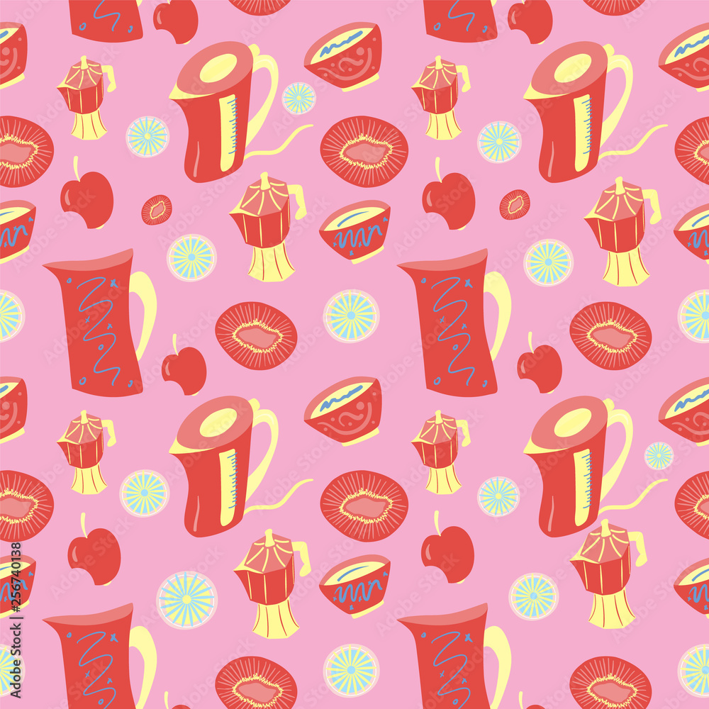 Hand drawn kitchen appliances and fruits - bright seamless pattern illustration Hand drawn kitchen appliances and fruits - bright seamless pattern illustration