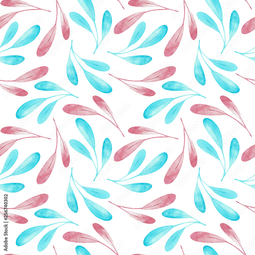 Seampless pattern of pink and blue branches isolated on white background. Watercolor illustration. Seampless pattern of pink and blue branches isolated on white background. Watercolor illustration.