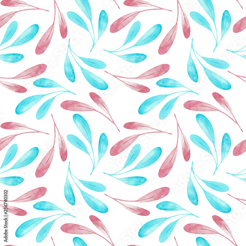 Seampless pattern of pink and blue branches isolated on white background. Watercolor illustration.