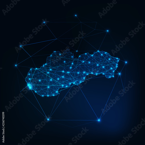 Slovakia map glowing silhouette outline made of stars lines dots triangles, low polygonal shapes.