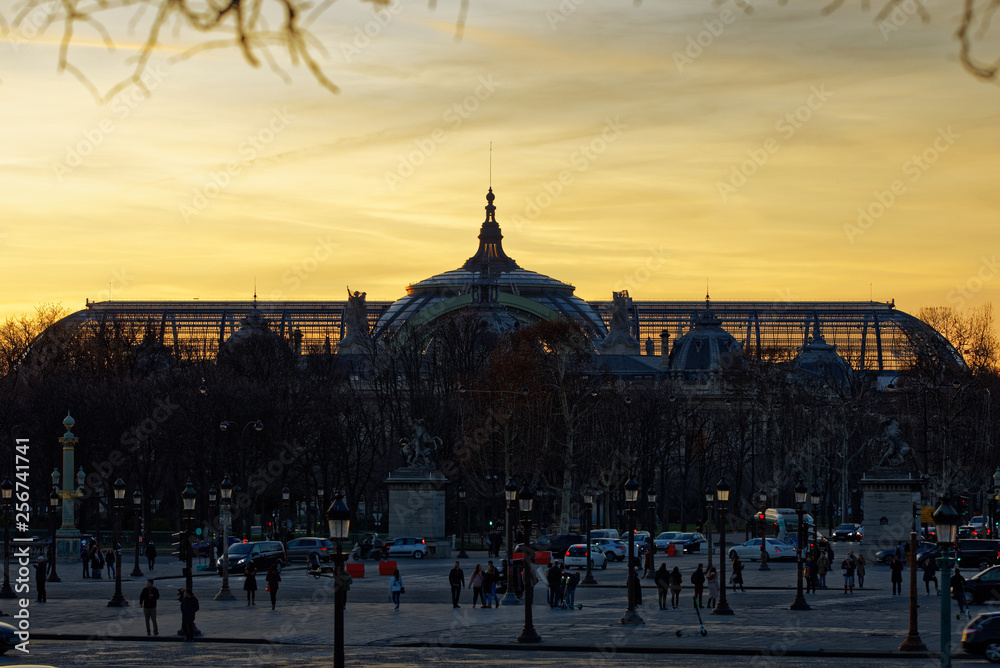 Obraz premium Paris, France - February 13, 2019: Grand Palais dome viewed from Tuileries garden in Paris at golden hour
