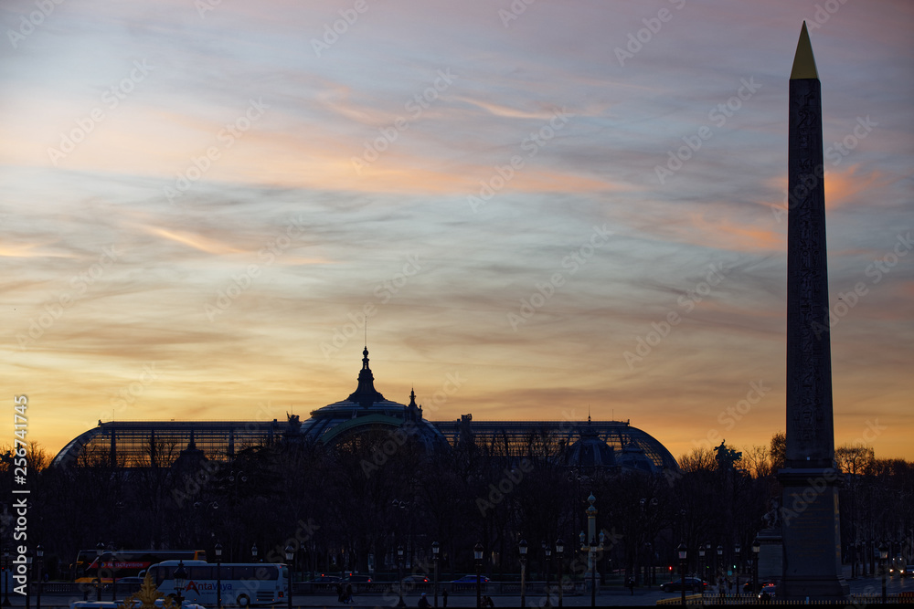 Fototapeta premium Paris, France - February 13, 2019: Grand Palais dome viewed from Tuileries garden in Paris at golden hour