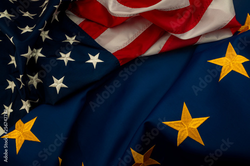 TTIP, USA and EU cooperation and Transatlantic Trade and Investment Partnership concept theme with the flags of the United states of America and the European Union\ photo