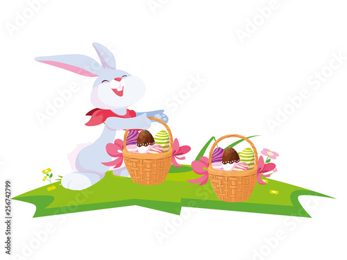 cute rabbit easter with eggs painted in basket