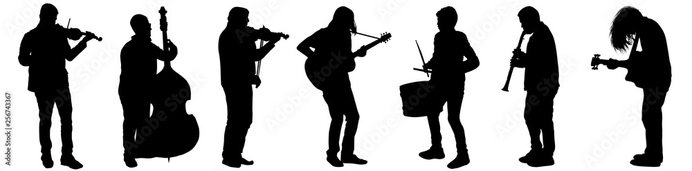 Naklejka premium Silhouettes of street musicians playing instruments