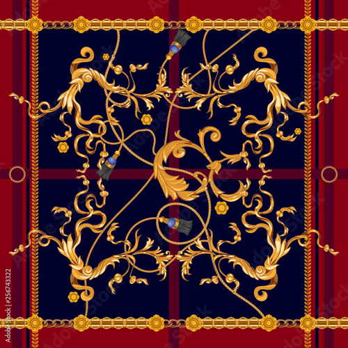 Baroque seamless pattern with chains. Vector patch for fabric, scarf