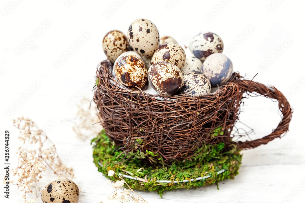 Easter decoration with egg in nest cup on white wooden background. Easter concept. Flat lay top view copy space. Spring greeting card Easter decoration with egg in nest cup on white wooden background. Easter concept. Flat lay top view copy space. Spring greeting card