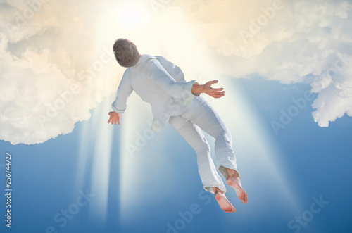 Soul Ascension. Ghost of a man taken up into heaven. Afterlife, meditation and dream concept 3d render