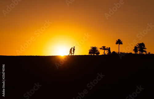 maspalomas dunes  gran canaria  spain  sunset with shadow silhouetes of people in front of sunball