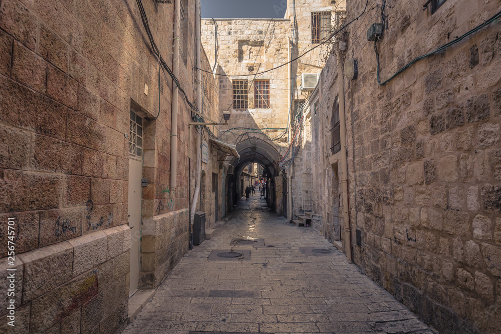 Jerusalem - October 04, 2018: Corridor in the Muslim quarter of the old City of Jerusalem, Israel