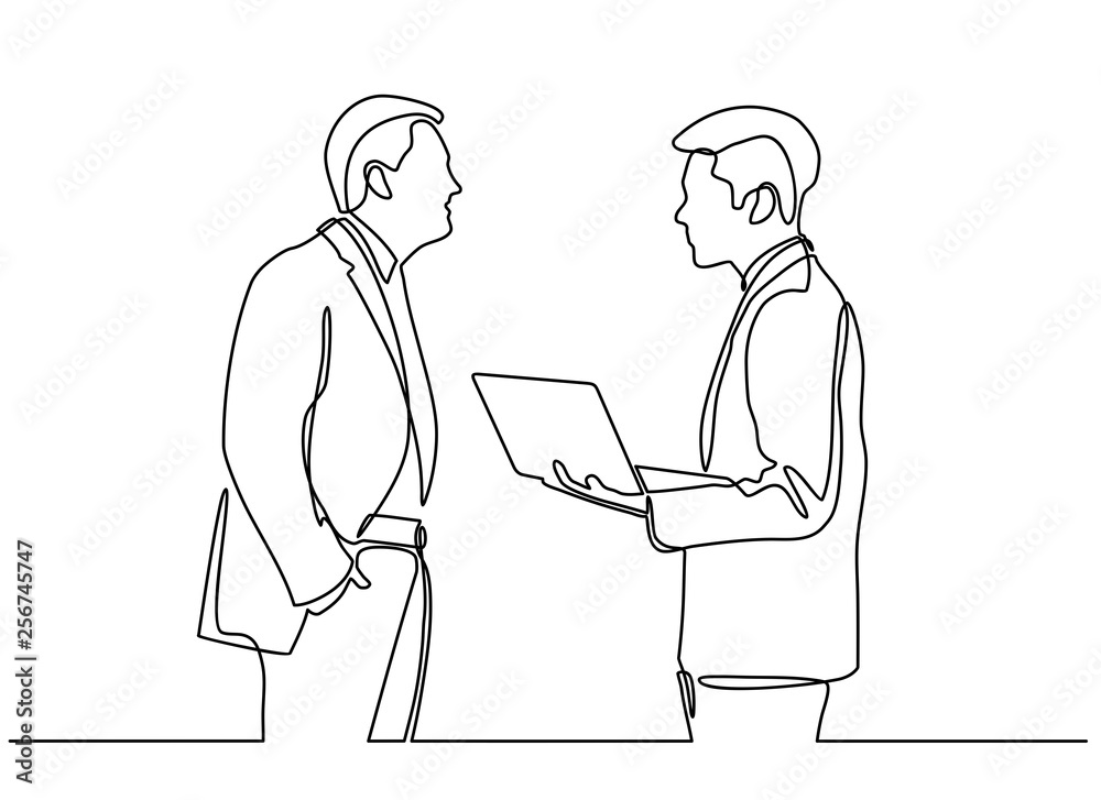 continuous line drawing of business partners discussing documents and ideas at meeting.Two businessman using notebook computer for analyse and improve their business. continuous line drawing of business partners discussing documents and ideas at meeting.Two businessman using notebook computer for analyse and improve their business.