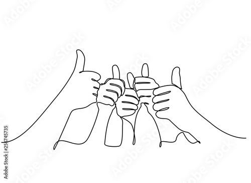 continuous line drawing. Many people congratulate a winner and holding their thumbs up isolated on white background