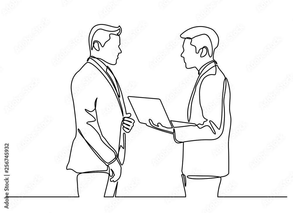 continuous line drawing of business partners discussing documents and ideas at meeting.Two businessman using notebook computer for analyse and improve their business.