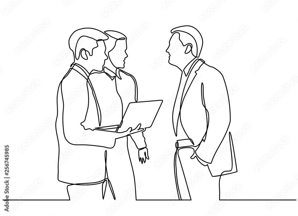 continuous line drawing of business partners discussing documents and ideas at meeting.Three businessman using notebook computer for analyse and improve their business. continuous line drawing of business partners discussing documents and ideas at meeting.Three businessman using notebook computer for analyse and improve their business.