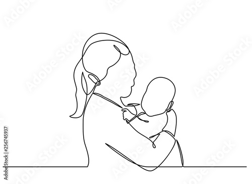 continuous line drawing of family, parenthood and people concept - happy Mother playing with little baby at home - vector