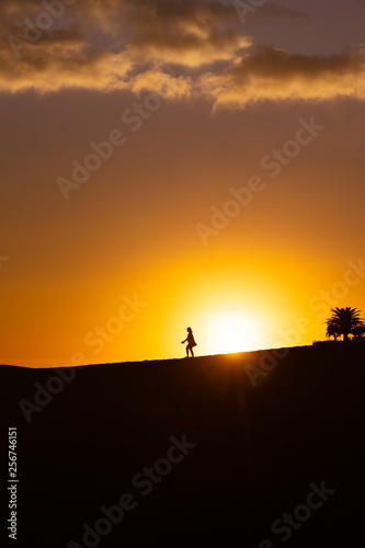 maspalomas dunes, gran canaria, spain, sunset with shadow silhouetes of people in front of sunball