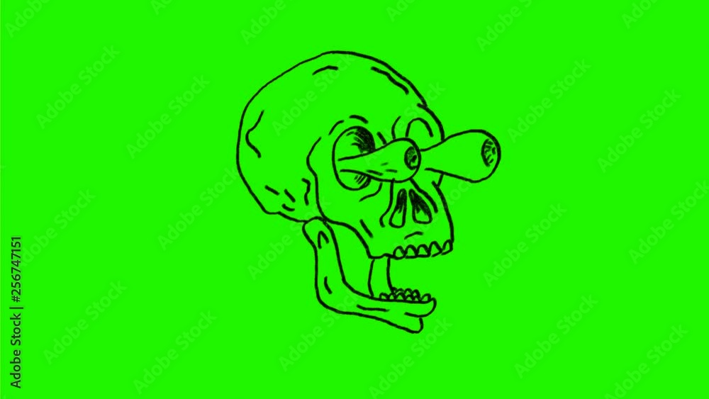 2d Animation motion graphics of a drawing of a human skull eyes popping out and then breathing out fire from mouth on white and green screen with alpha matte in HD high definition. 2d Animation motion graphics of a drawing of a human skull eyes popping out and then breathing out fire from mouth on white and green screen with alpha matte in HD high definition.