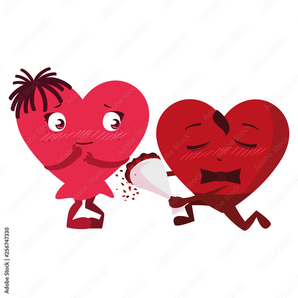 couple hearts with bouquet of roses kawaii characters couple hearts with bouquet of roses kawaii characters