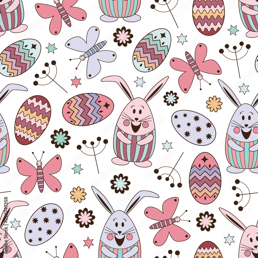 Vector seamless pattern with cute elements for Easter holiday. Funny objects made of childish style