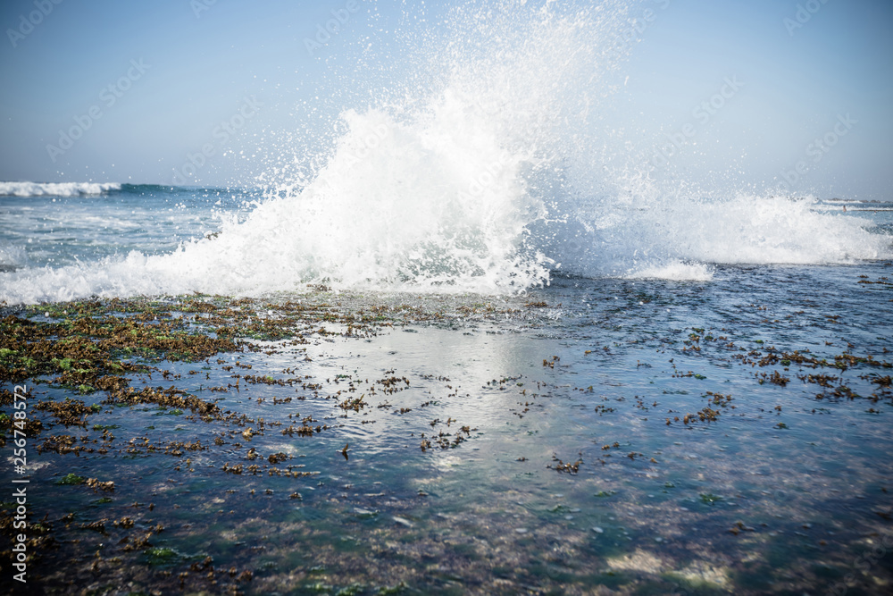 Sea waves broken on seaside rocks