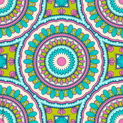 Decorative colorful ethnic seamless pattern for fabric or wrapping in oriental style. Hand drawn illustration