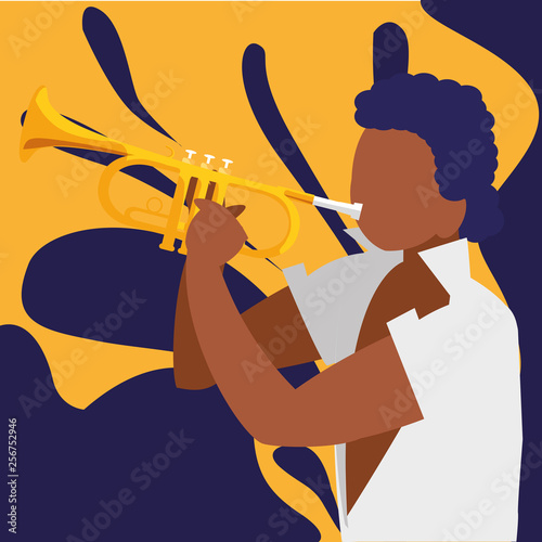 black tropical musician playing trumpet character