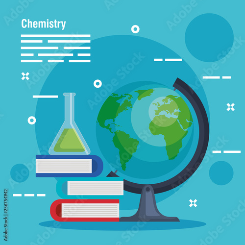 erlenmeyer flask with books and desk earth planet