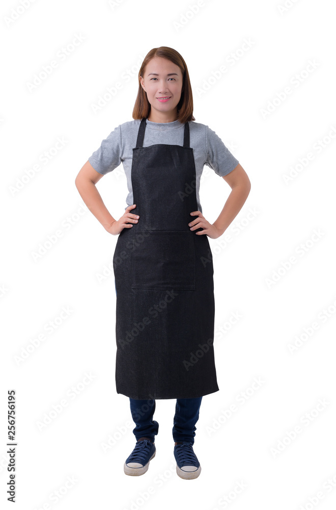 waitress, delivery woman or Servicewoman in Gray shirt and apron isolated on white background waitress, delivery woman or Servicewoman in Gray shirt and apron isolated on white background