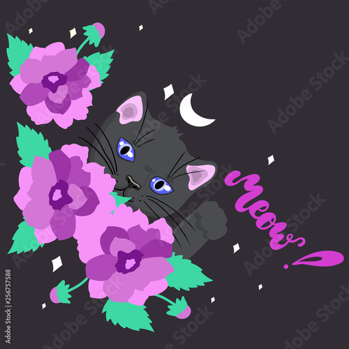 card with a cute black cat among the flowers vector image
