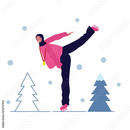 sport, fitness and people concept - happy muslim woman in hijab ice skating skate outdoor doing exercises